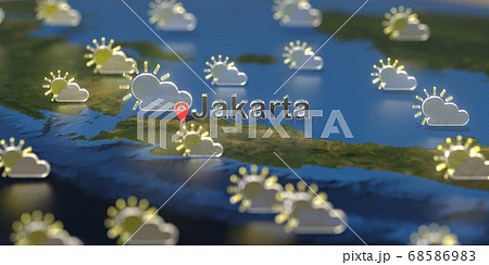 Jakarta city and partly cloudy weather icon on the map, weather forecast related 3D rendering Jakarta city and partly cloudy weather icon on the map, weather forecast related 3D rendering 68586983
