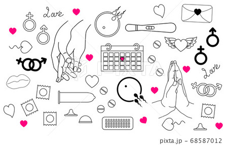 Contraception. Set of contour drawings about safe sex and love. Protective equipment condom and pills, spiral and pregnancy test. Man and woman hand gestures, ovulation calendar. Vector 68587012