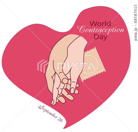 Celebration of the World Contraception Day. Hands in a pink heart and protection. The mans palm hugs the womans palm. Gesture is love and passion. Vector illustration 68587015