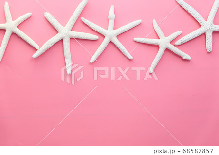 white starfishes on pink background top down. white starfishes on pink background top down. 68587857