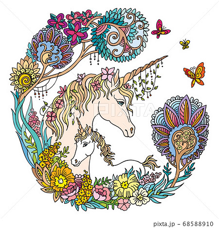 Colorful unicorn with foal and flowers vector 68588910