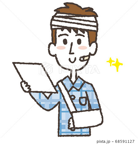 笑顔で書類を見るケガで入院中の男性のイラストのイラスト素材
