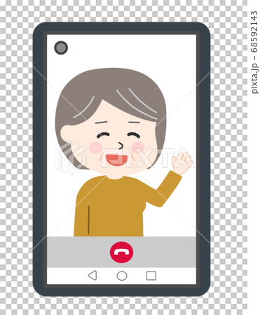 Illustration of a middle-aged woman making a video call on a smartphone 68592143