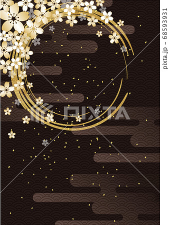桜金箔 丸筆模様 黒背景 縦型のイラスト素材