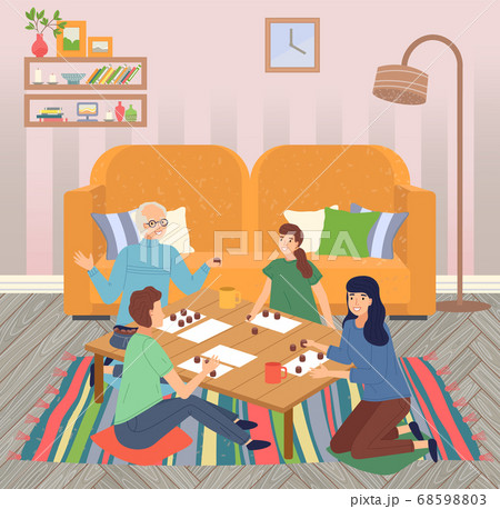 Family spend leisure time together at home, happy people playing bingo lotto game at table, hobby Family spend leisure time together at home, happy people playing bingo lotto game at table, hobby 68598803