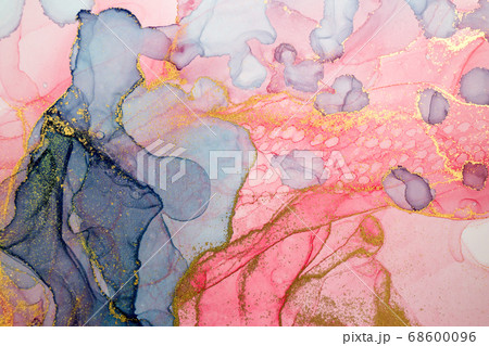 Alcohol ink abstract background. Watercolor style texture. Pink, blue and gold paint stains illustration. 68600096