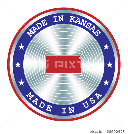 Made in Kansas local production sign, sticker, seal, stamp. Round hologram sign for label design and national USA marketing 68600493