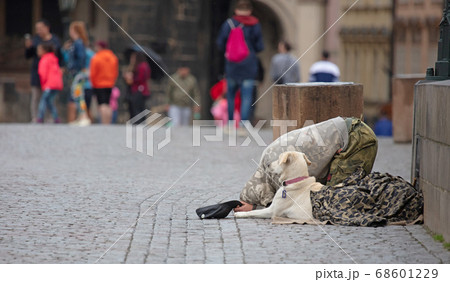 Beggar with dog begging for alms on the street in 68601229