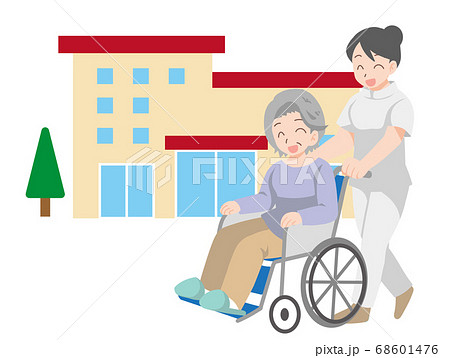 車椅子に乗った高齢者と介護士のイラスト 68601476