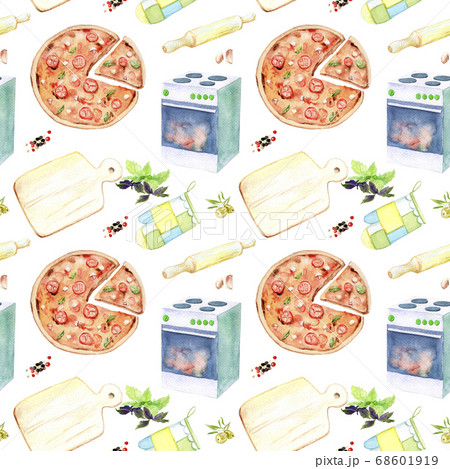 watercolor drawings of kitchen appliances and products - seamless pattern Sketch watercolor drawings of kitchen appliances and products - seamless pattern Sketch 68601919