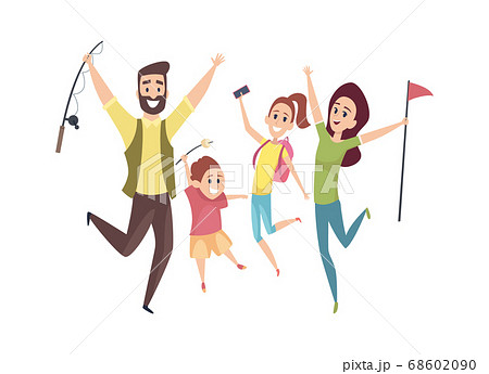 Family resting. Hikers, dad mom and children. People with marshmallow fishing rod and flag happy jumping vector illustration Family resting. Hikers, dad mom and children. People with marshmallow fishing rod and flag happy jumping vector illustration 68602090