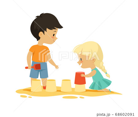 Boy girl in sandbox. Outdoor activity, isolated cartoon kids playing. Happy childhood, kindergarten vector illustration 68602091