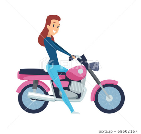 Girl driver. Cute woman on motorcycle. Isolated cartoon female rides motorbike vector illustration 68602167