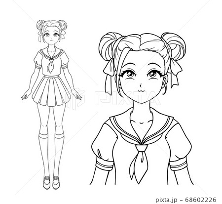 Smiling manga girl with big eyes and two pigtails 68602226