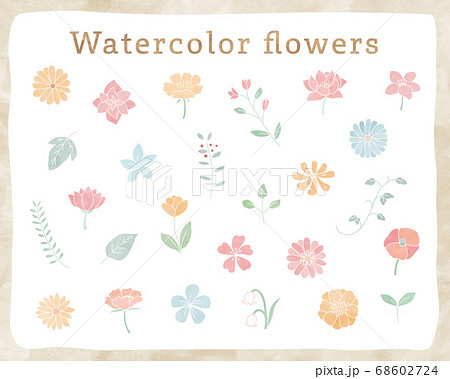 手書きの花や葉の水彩イラストのセット 植物 おしゃれ かわいい 素材 自然のイラスト素材