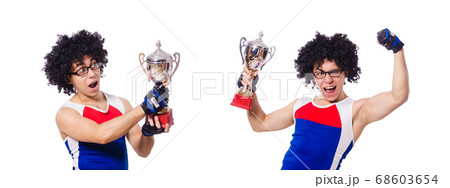 Funny man after winning gold cup isolated on white Funny man after winning gold cup isolated on white 68603654