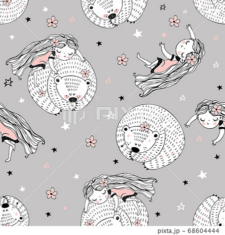 Seamless pattern with cute characters in Doodle 68604444
