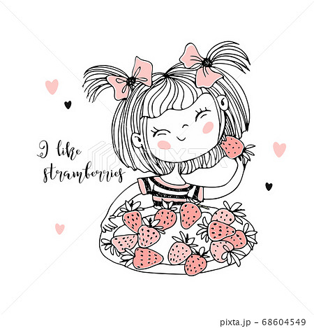 Cute Little Girl Eating Strawberries Vectorのイラスト素材