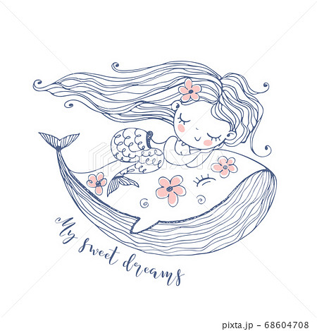 Cute Little Mermaid Sleeping Sweetly On A Whale のイラスト素材 68604708 Pixta