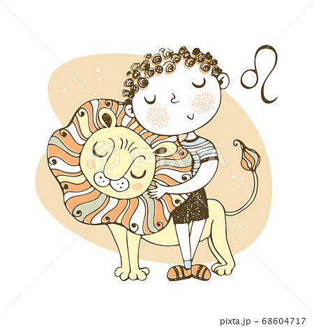 The zodiac sign Leo. Cute boy with a lion cub. 68604717