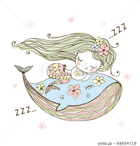 Cute little mermaid sleeping on a whale. Vector 68604719