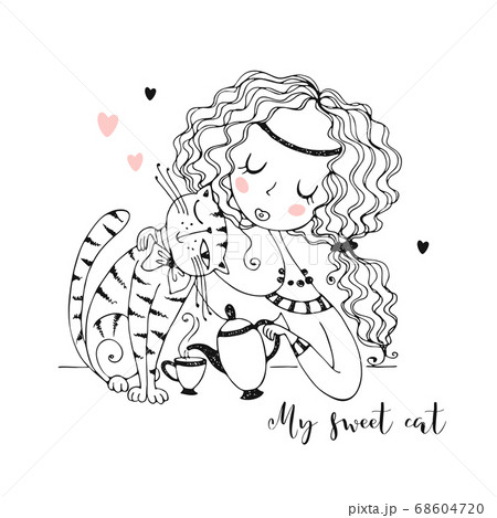 Cute girl with a cat drinking tea. Coloring. 68604720