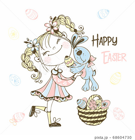 Cute girl with a Bunny and a basket of Easter 68604730