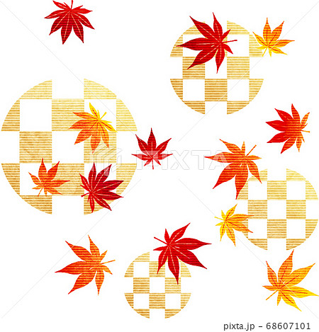水彩風紅葉と市松円のシームレスパターンベクター有のイラスト素材