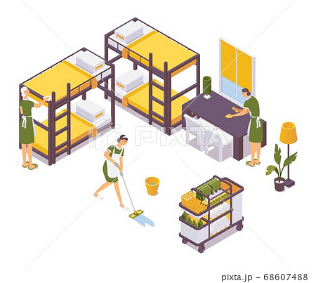 Isometric cleaning in the hostel. The staff washes Isometric cleaning in the hostel. The staff washes 68607488
