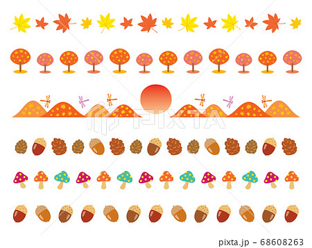 秋の紅葉や山やドングリのラインイラストのイラスト素材