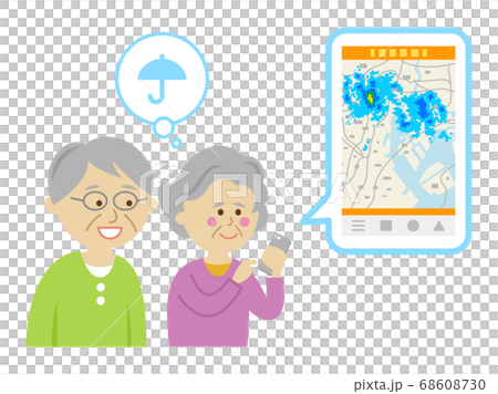 スマホで雨雲レーダーをチェックするシニアのイラストイメージのイラスト素材