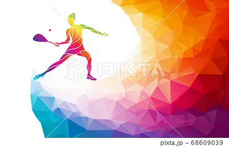 Creative silhouette of female squash player. Racquet sport vector illustration or banner template in trendy abstract colorful polygon style with rainbow back 68609039