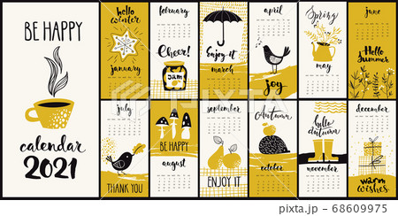 Modern style hand drawn cartoon vector 2021 calendar with hand drawn inky monthly symbols 68609975