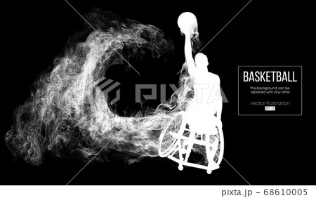Abstract silhouette of a basketball player disabled on dark black background from particles, dust, smoke, steam. Basketball player performs throw a ball. Background can be changed to any other. Vector 68610005