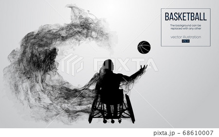 Abstract silhouette of a basketball player disabled on white background from particles, dust, smoke, steam. Basketball player performs throw a ball. Background can be changed to any other. Vector 68610007