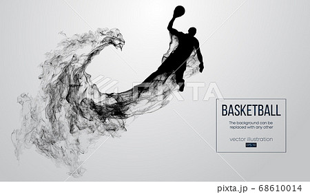 Abstract silhouette of a basketball player on white background from particles, dust, smoke, steam. Basketball player jumping and performs slam dunk. Background can be changed to any other. Vector 68610014