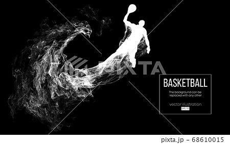 Abstract silhouette of a basketball player on dark black background from particles, dust, smoke, steam. Basketball player jumping and performs slam dunk. Background can be changed to any other. Vector 68610015
