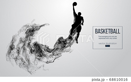 Abstract silhouette of a basketball player on white background from particles, dust, smoke, steam. Basketball player jumping and performs slam dunk. Background can be changed to any other. Vector 68610016
