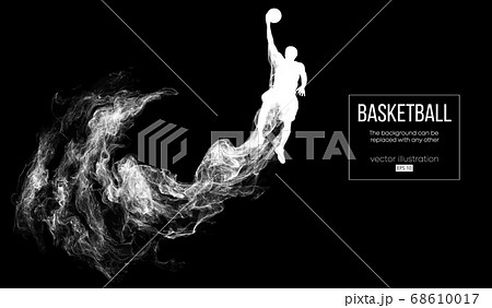 Abstract silhouette of a basketball player on dark black background from particles, dust, smoke, steam. Basketball player jumping and performs slam dunk. Background can be changed to any other. Vector 68610017