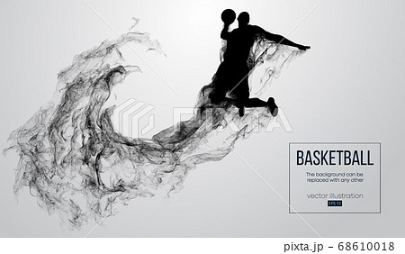 Abstract silhouette of a basketball player on white background from particles, dust, smoke, steam. Basketball player jumping and performs slam dunk. Background can be changed to any other. Vector 68610018