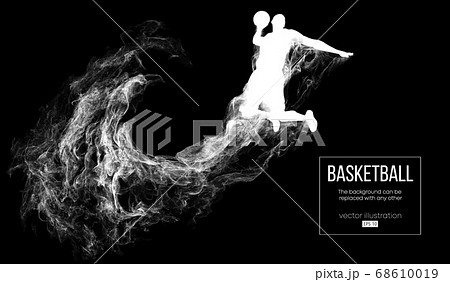 Abstract silhouette of a basketball player on dark black background from particles, dust, smoke, steam. Basketball player jumping and performs slam dunk. Background can be changed to any other. Vector 68610019