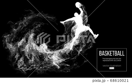 Abstract silhouette of a basketball player on dark black background from particles, dust, smoke, steam. Basketball player jumping and performs slam dunk. Background can be changed to any other. Vector 68610021
