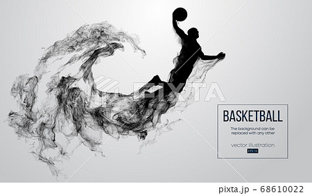 Abstract silhouette of a basketball player on white background from particles, dust, smoke, steam. Basketball player jumping and performs slam dunk. Background can be changed to any other. Vector 68610022