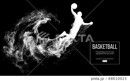 Abstract silhouette of a basketball player on dark black background from particles, dust, smoke, steam. Basketball player jumping and performs slam dunk. Background can be changed to any other. Vector 68610023