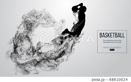 Abstract silhouette of a basketball player on white background from particles, dust, smoke, steam. Basketball player jumping and performs slam dunk. Background can be changed to any other. Vector 68610024