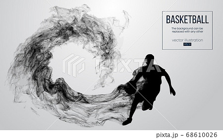 Abstract silhouette of a basketball player on white background from particles, dust, smoke, steam. Basketball player is running. Background can be changed to any other. Vector 68610026