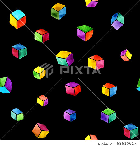 Abstract watercolor seamless pattern of multicolored cubes on a black background 68610617