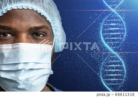 Decoding human DNA. Collage with black doctor in medical mask and deoxyribonucleic acid molecule, free space Decoding human DNA. Collage with black doctor in medical mask and deoxyribonucleic acid molecule, free space 68611316