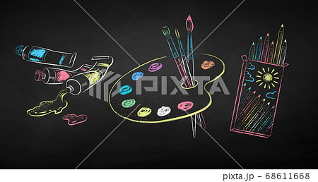 Chalk drawn illustration set of artists supplies 68611668