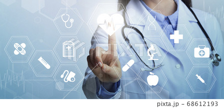 Modern biotechnologies. Collage with female doctor choosing among medical icons on virtual screen, copy space Modern biotechnologies. Collage with female doctor choosing among medical icons on virtual screen, copy space 68612193